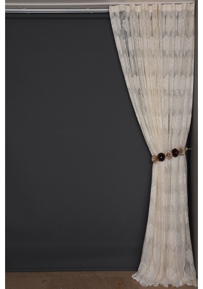 Çerçeveli Damaks Krem Hazır Dikilmiş Pileli Fon Perde 300x260 Cm