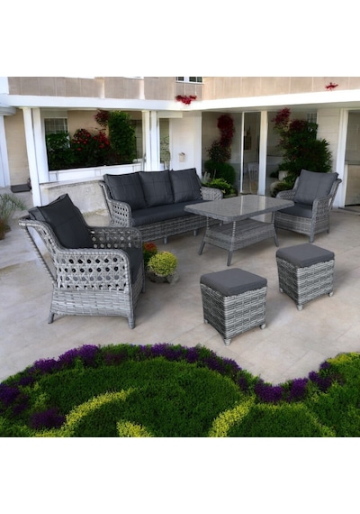 Monalin Home Garden I Elite 7 Kişilik Oturma Takımı Gri I Rattan El Örgüsü Bahçe Mobilyası Antrasit - Gri