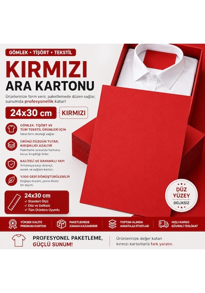 Premium Kırmızı Gömlek Ara Kartonu 24x30 Cm 1000'li Kazak, Tişört Ve Tekstil Ürünleri İçin