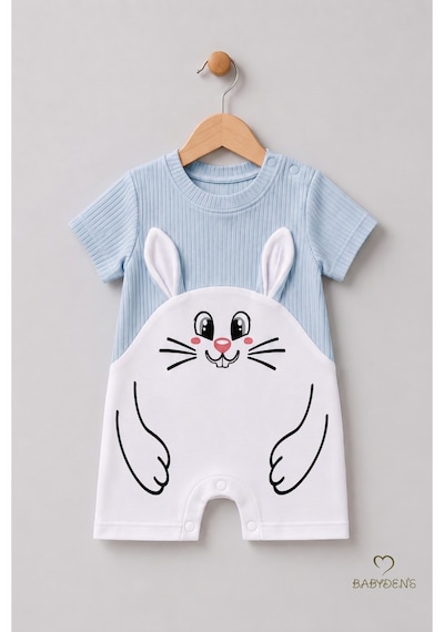 Babyden's Tavşan Baskılı Şortlu Erkek Bebek Tulum %100 Pamuk Yazlık Kısa Kollu Çıtçıtlı Yenidoğan Bebek Tulumu 0-9 Ay Bebe Mavisi