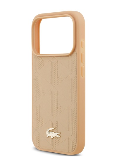 Apple Uyumlu iPhone 17 Pro Kılıf Lacoste Lisanslı M-safeli Pu Deri Karışık Monogram Desenli Kapak Bej Bej