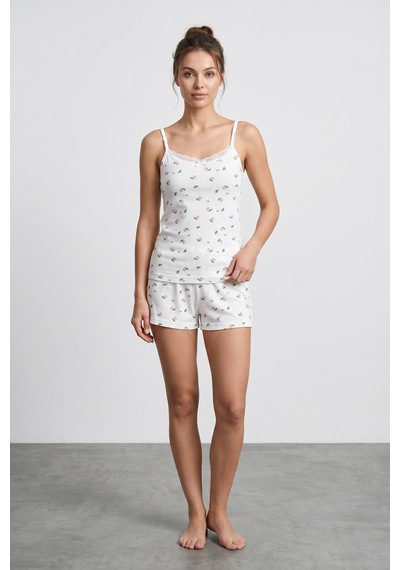 Fullamoda Çiçek Desenli Askılı Şortlu Pijama Takımı Ekru