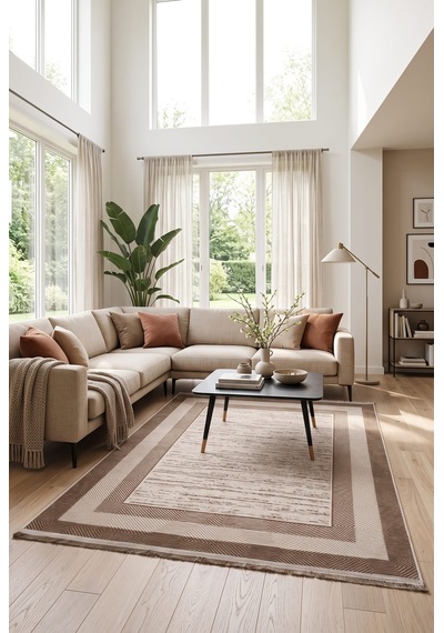 Saten Halı Modern Kaymaz Tabanlı Yıkanabilir Salon Oturma Odası Halısı Baklava Çizgi Desen Kahverengi