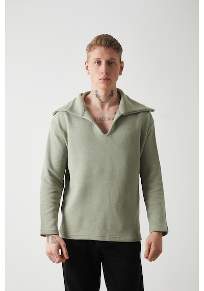 R-5850 Yaka Detaylı Örme Sweat Çağla Yeşili