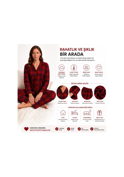 Westicgiyim Kadın Süet Pijama Takımı Kırmızı Ekose Desenli Uzun Kollu Düğmeli Yumuşak Dokulu Kışlık S/m-2xl