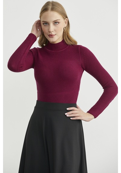 Sementa Yarım Balıkçı Fitilli Bodysuit Triko Kazak - Bordo Bordo