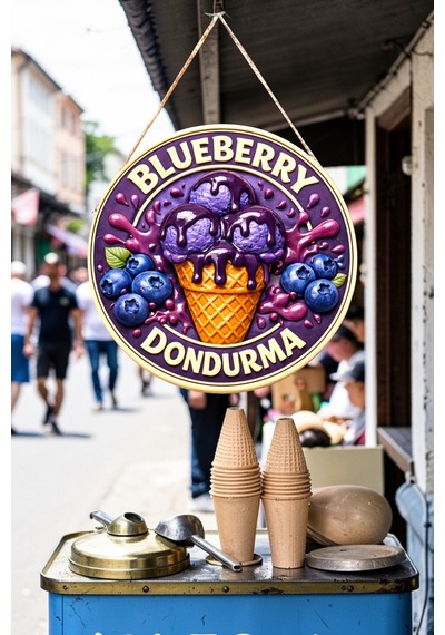 Blueberry Dondurma Görselli Ahşap İpli Kapı Duvar Süsü Renkli Cafe Duvar Panosu