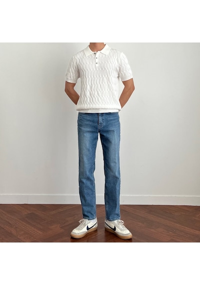 Tarz Cool Erkek İnce Saç Örgülü Düğmeli Slim Fit Polo Yaka Triko T-shirt Beyaz