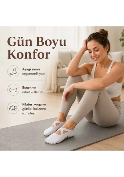 Elitse Kaymaz Tabanlı Kadın Balerin Tasarımlı Yoga Pilates Çorabı Çapraz Bantlı Spor Çorap Hac Umre Çorabı Siyah