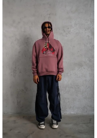 Veraura Lifestyle Erkek Eldiven Baskılı Kapüşonlu Sweat - Gül Kurusu Gülkurusu