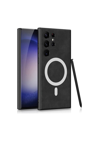 Rba Aksesuar Galaxy Uyumlu S24 Ultra Kılıf M-safe Şarj Özellikli Deri Tasarımlı Rba Kıpta Nubuk Kapak - Siyah Siyah