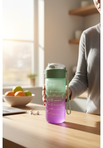 Renk Değişimli Motivasyon Yazılı Su Matarası 500 Ml Sızdırmaz Kapak & Taşıma Askılı Turuncu Cam Diğer