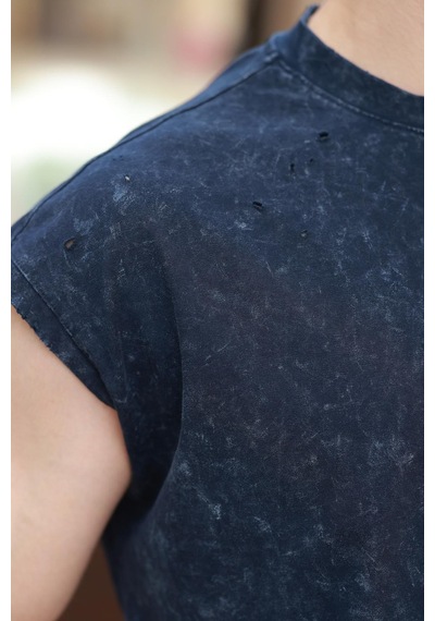 Madmext Lacivert Basic Erkek Yırtık Detaylı Şort T-shirt Takım E7319