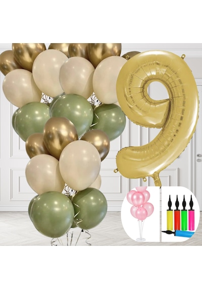 9 Yaş Balon Standlı Ve Pompalı Retro Küf Yeşili Krom Gold Kum Beji Balon Seti Gold Rakam Süsleme Çok Renkli