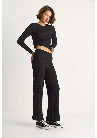 Shade Kadın Yanları Bağlamalı Crop Beli Lastikli Yüksek Bel Pantolonlu Bürümcük Takım 8075 60284110 - Siyah