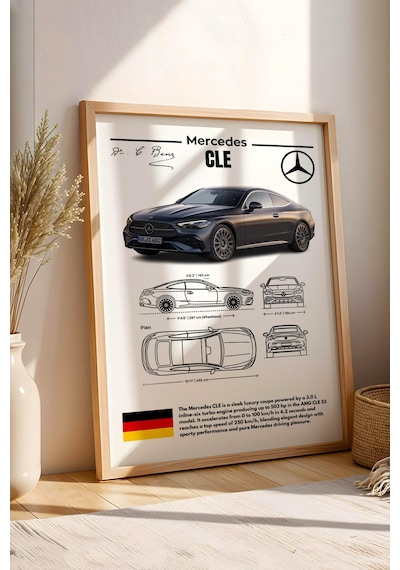 Mercedes Cle Tablo - Teknik Özellikli Lüks Coupe Poster - Çerçeveli Duvar Dekoru - Araba Blueprint Kayın
