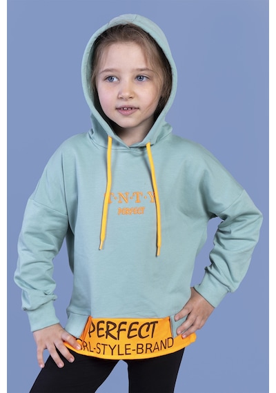 Toontoy Kız Çocuk Kapüşonlu Garni Detaylı Baskılı Sweatshirt Yeşil