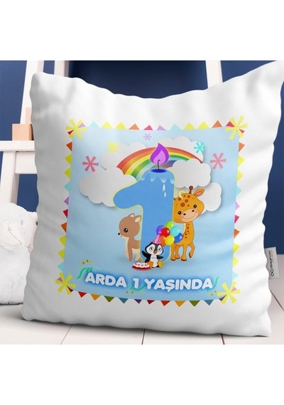 Kişiye Özel 1. Yaş Tasarımlı Erkek Bebek Dekoratif Beyaz Yastık -
