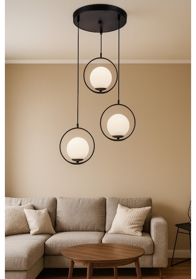 Rodi Modern Tasarım Antre Hol Mutfak Salon Siyah Renk Sarkıt Minimal Sarkıt Beyaz Camlı Tekli Avize Siyah Bal3