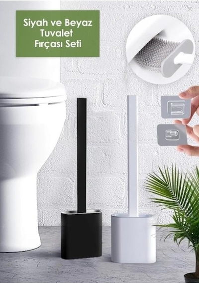 2li Set Beyaz Ve Siyah Renk Silikon Tuvalet Fırçası Set Bükülebilir Pratik Silikon Wc Klozet Fırçası