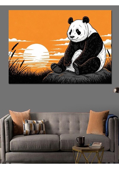 Ahşap Tablo Gün Batımında Oturan Panda Portresi