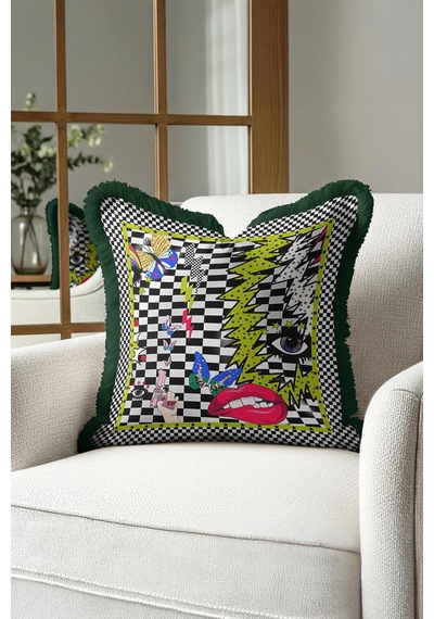 Pop Art Saçaklı Yastık Kılıfı - Çarpıcı Enerjik Geometrik Bohem Siyah Yeşil Püsküllü Kırlent Kılıfı Orman Petrol Mavisi Pop Art Saçaklı Yastık Kılıfı - Çarpıcı Enerjik Geometrik Bohem Siyah Yeşil Püsküllü Kırlent Kılıfı Orman Petrol Mavisi