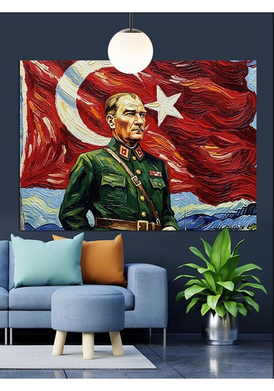Atatürk Bayrak Portre Dekoratif Kanvas - Mdf Ahşap Tablo
