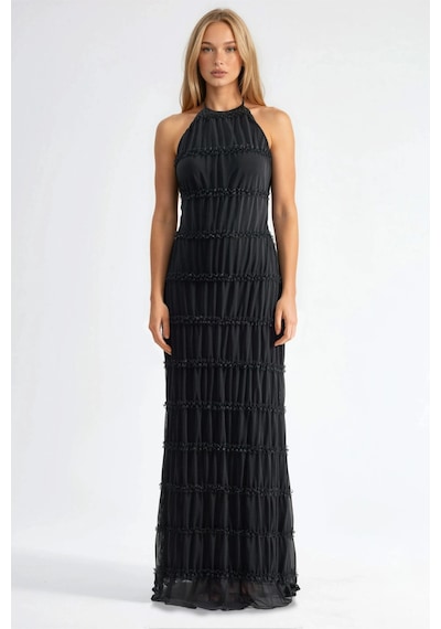 Hiccup Halter Yaka Dokulu Maxi Elbise Siyah