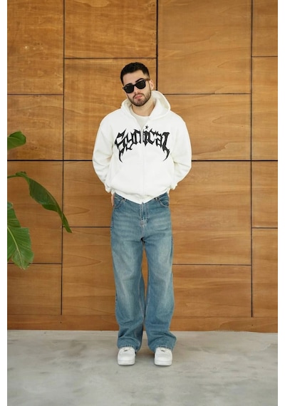 Novalisse Erkek Kapüşonlu 3 İplik Şardonlu Önü Baskılı Fermuarlı Oversize Sweatshirt - Beyaz Çoklu Renk