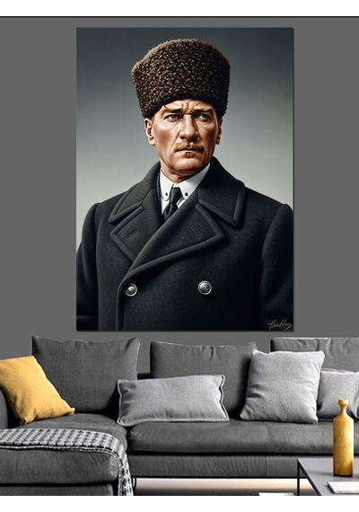 Siyah Kalpaklı Atatürk Portresi Dekoratif Kanvas - Mdf Ahşap Tablo