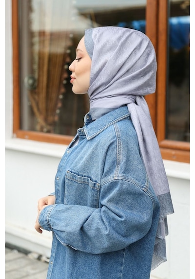 Premium Lux Original Monogram Şal İpek Vual, Yüksek Kalite, Hafif, Rahat, Şık, Tesettür, Shawl Gümüş Gri Açık Gri Şeritli