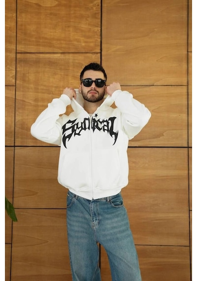 Novalisse Erkek Kapüşonlu 3 İplik Şardonlu Önü Baskılı Fermuarlı Oversize Sweatshirt - Beyaz Çoklu Renk