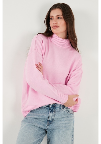 Lela Premium Oversize Fit Balıkçı Yaka Yumuşak Dokulu Triko Bayan Kazak 680Kz00469 Şeker Pembe
