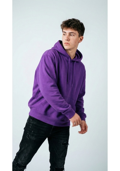 Hoxie Unisex Rahat Kesim Pamuklu Yumuşak Dokulu İçi Polarlı Basic Desenli Kapüşonlu Sweatshirt Mor