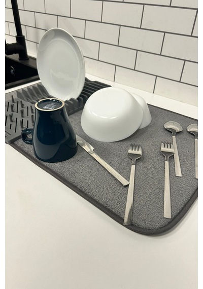 Katlanabilir Bulaşıklık 2 Katlı Büyük Boy Mikrofiber Matlı Tezgah Üstü Kurutmalık Organizer Gri
