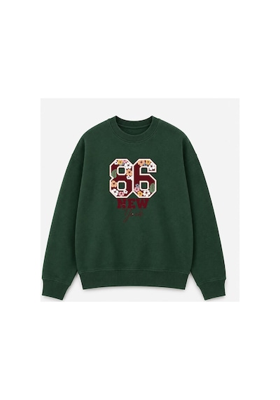Herkesemoda Rakam Ve Çiçekler Baskı Detaylı Bisiklet Yaka Şardonlu 2 İplik Sweatshirt Yeşil