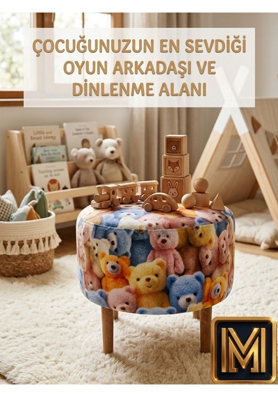 Diday Ayıcık Puf Trend Puf F Koltuk Puff Bench Dekoratif Bohem Doğal Gürgen Ayak Çocuk Odası Tabure Çok Renkli