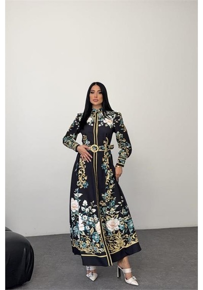 Neşeli Butik Kadın Siyah Hakim Yaka Çiçek Desenli Maxi Boy Tasarım Elbise Nbms2653 Siyah