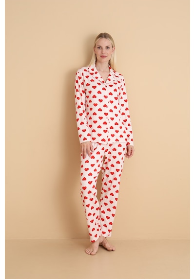 Wordex Mirano 9800 Şardonlu Soft Kışlık Düğmeli Kalp Desenli Kadın Pijama Takım Ekru