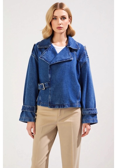 Benerly Kadın Oversize Düşük Kol Ceket Yaka Denim Blazer %100 Pamuk Fonks mavi