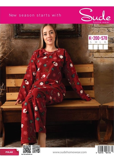Sude K-200-578 Kadın Genç Polar Yılbaşı Temalı Pijama Takımı Kahverengi