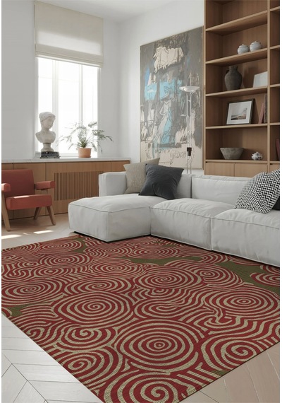Porto 80 Yeşil Bordo Soyut Desenli Halı Tasarım Modern Oturma Odası İnce Yazlık Ev Oda Salon Halısı