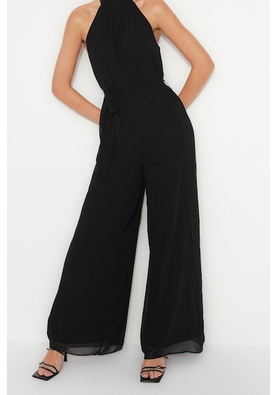 Ersefa Kadın Moda Standart Kol Geniş Paça Halter Yaka Uzun Kuşaklı Maxi Siyah