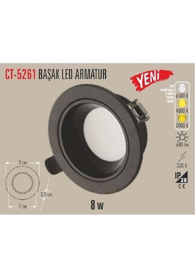 Cata Ct-5261 8w Başak Led Armatür Siyah Kasa 6 adet 3 Renk Siyah