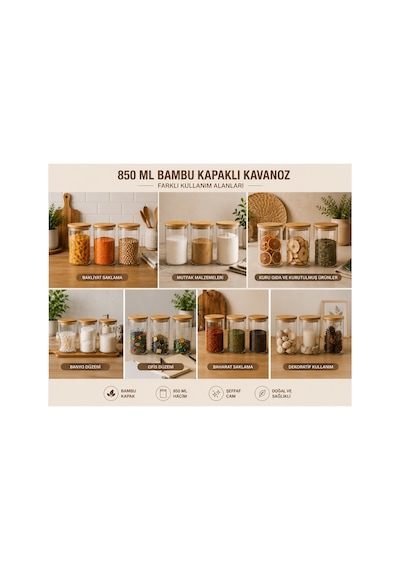 3lü Set Bambu Kapaklı Cam Saklama Kavanozu Hava Geçirmez Çok Amaçlı Mutfak Saklama Kabı 850ml Şeffaff