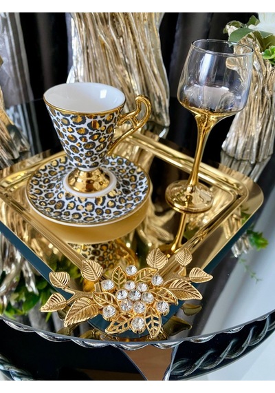 Atabey Home Collection 6'lı Kahve & Çay & Sunum Tepsisi Gold Lüx Kristalize Taşli Model