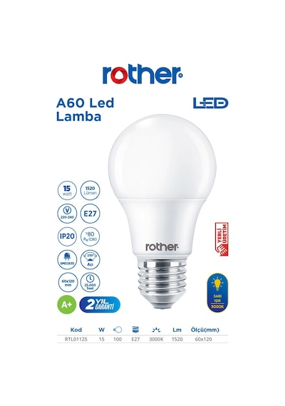 Rtl01125 Rother A60 Led Ampul 15w E27 1520 Lümen 3000k Sarı Işık - Enerji Tasarruflu Ampul