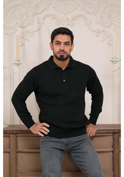 Woolen World Polo Yaka Düz Renk Yünlü Erkek Triko Kazak Siyah
