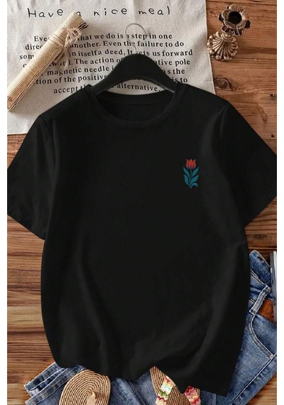 Spoyi Osmanlı Lalesi Tasarımlı %100 Pamuk Yarım Oversize Siyah T-shirt