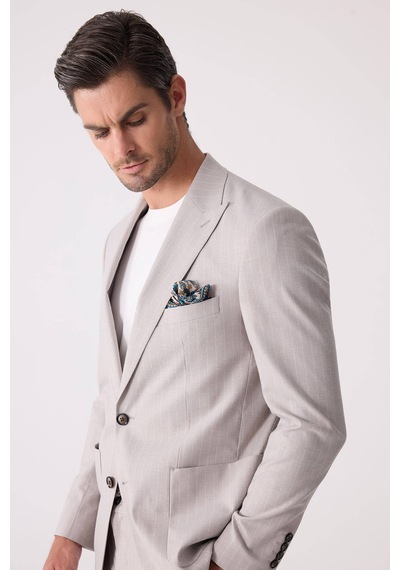 Erkek Bej Slim Fit Çizgili Torba Cep Jogger Pantolonlu Sivri Yaka